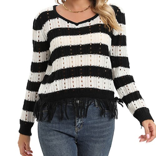 

Women's Pullover Sweater Jumper Crochet Knit Tassel Knitted Striped V Neck Stylish Casual Outdoor Daily Fall Winter Black One-Size / Long Sleeve