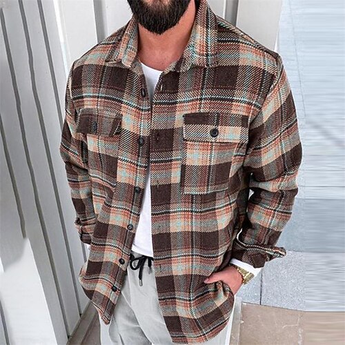 

Men's Flannel Shirt Shirt Jacket Shacket Shirt Plaid / Check Turndown Coffee Street Daily Long Sleeve Button-Down Clothing Apparel Basic Fashion Casual Comfortable