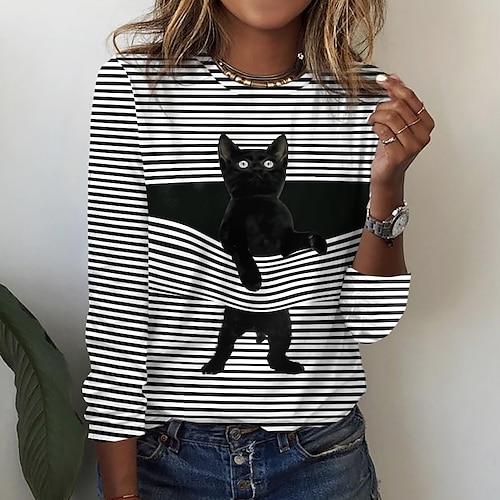 

Damen T Shirt Schwarz Blau Grün Katze Gestreift Bedruckt Langarm Casual Wochenende Basic Rundhalsausschnitt Standard 3D Cat Farbe S