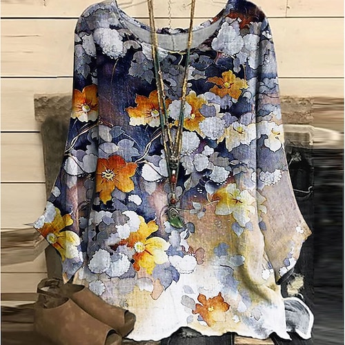 

Women's Plus Size Tops T shirt Tee Floral Patchwork Print Long Sleeve Crewneck Casual Daily Going out Polyester Fall Winter Blue Purple