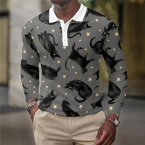 

Men's Collar Polo Shirt Golf Shirt Animal Cat Turndown Gray 3D Print Halloween Street Long Sleeve Button-Down Print Clothing Apparel Vintage Cool Designer Casual