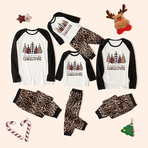 

Family Ugly Christmas Family Sets Leopard Letter Ugly Christmas Tree Daily Multicolor Long Sleeve Daily Matching Outfits