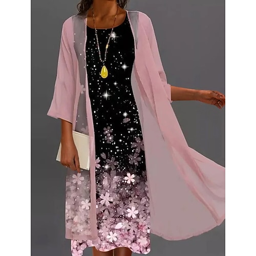 

Women's Dress Set Two Piece Dress Midi Dress Pink 3/4 Length Sleeve Floral Print Winter Fall Autumn Crew Neck Modern 2022 S M L XL 2XL 3XL