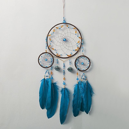 

Blue Dream Catcher Three-ring Handmade Gift with Blue Peacock Feather Wall Hanging Decor Art Wind Chimes Boho Style Car Hanging Home Pendant