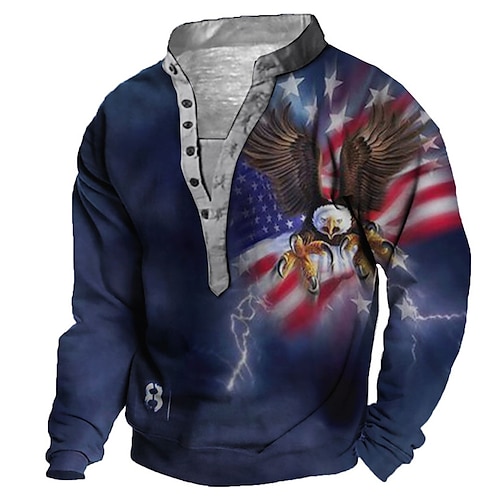 

Men's Unisex Sweatshirt Pullover Button Up Hoodie Blue Standing Collar Graphic Prints Eagle National Flag Print Casual Daily Sports 3D Print Streetwear Designer Casual Spring & Fall Clothing Apparel