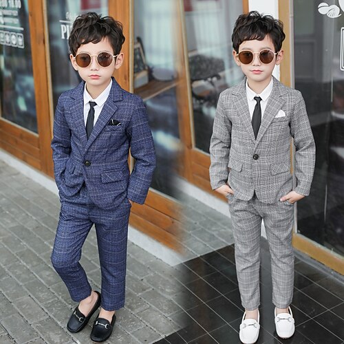 

2 Pieces Kids Boys Blazer PantsSet Long Sleeve Navy blue Plaid School Party Basic Casual Suit
