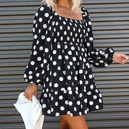 

Women's Casual Dress PolkaDotDress Black Blue Pink Long Sleeve Polka Dot Ruffle Winter Fall Square Neck Winter Dress Weekend Fall Dress 2022 S M L XL