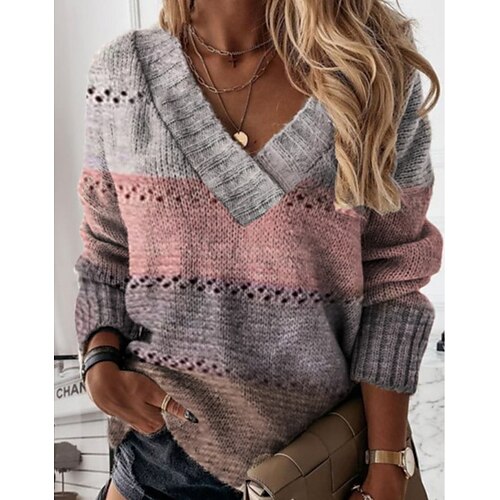 

Women's Pullover Sweater jumper Jumper Crochet Knit Cropped Knitted Hole Color Block V Neck Casual Daily Holiday Winter Fall Purple S M L / Long Sleeve / Regular Fit