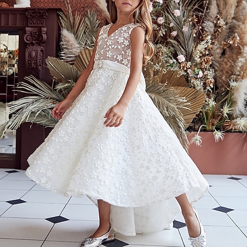 

Engagement Party First Communion A-Line Flower Girl Dresses V Neck Asymmetrical Satin Lace Fall with Bow(s) Crystals Cute Girls' Party Dress Fit 3-16 Years