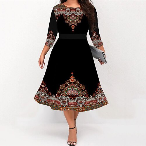 

Women's Plus Size Work Dress Floral Crew Neck 3/4 Length Sleeve Fall Winter Work Elegant Midi Dress Formal Going out Dress