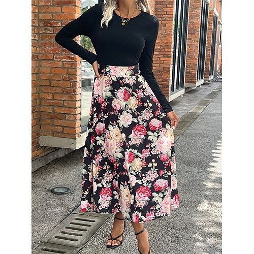 

damen Etuikleid langes Kleid Maxikleid Schwarz-Weiß Rosa Langarm Blumendruck Winter Herbst Herbst Rundhalsausschnitt Klassisches Winterkleid Herbstkleid Slim 2023 S M L XL