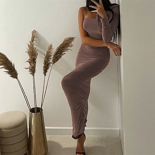 

Women's Bodycon Sheath Dress Long Dress Maxi Dress Brown Long Sleeve Pure Color Ruched Winter Fall Autumn One Shoulder Winter Dress Weekend Fall Dress 2022 S M L