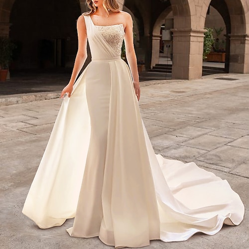 

Two Piece A-Line Wedding Dresses One Shoulder Court Train Detachable Satin Sequined Sleeveless Formal Sexy Sparkle & Shine Backless with Sequin 2022