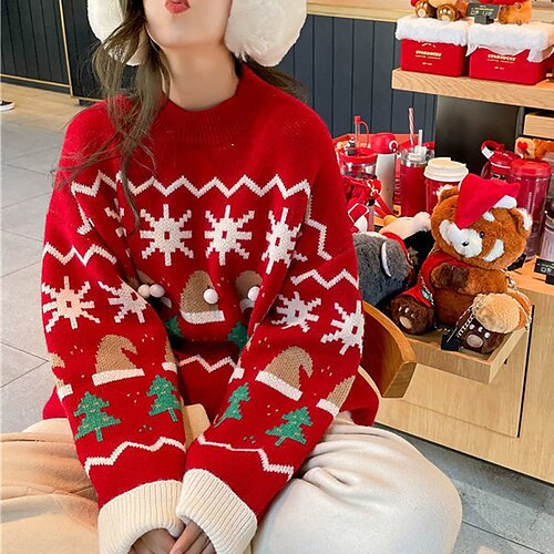 

Women's Ugly Christmas Sweater Pullover Sweater Jumper Ribbed Knit Patchwork Knitted Christmas Tree Crew Neck Stylish Casual Christmas Holiday Winter Fall Black Red One-Size / Cotton / Long Sleeve