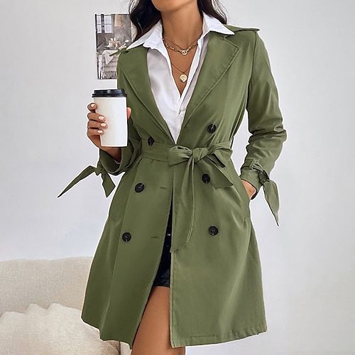

Women's Trench Coat Breathable Comfortable Casual Daily Wear Vacation Pocket Double Breasted Turndown Active Casual Street Style Solid Color Regular Fit Outerwear Long Sleeve Winter Fall Army Green