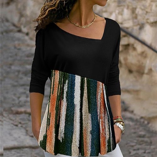 

Women's T shirt Tee Striped Casual Weekend Painting T shirt Tee Long Sleeve Flowing tunic Print V Neck Basic Black S / 3D Print