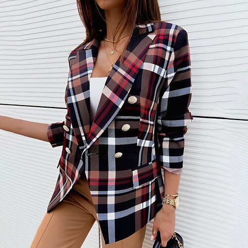 

Women's Blazer Windproof Warm Outdoor Christmas Street Daily Button Pocket Print Double Breasted Turndown Casual Street Style Stripes and Plaid Regular Fit Outerwear Long Sleeve Winter Fall Blue