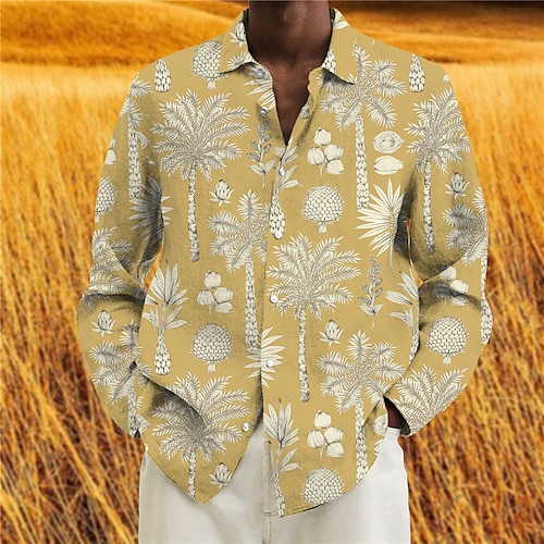 

Men's Shirt Graphic Shirt Coconut Tree Turndown Yellow 3D Print Outdoor Street Long Sleeve Button-Down Print Clothing Apparel Fashion Designer Casual Breathable