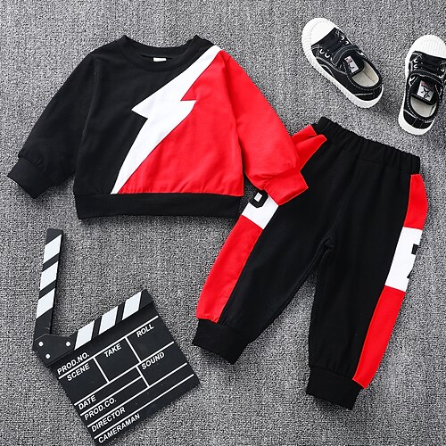 

2 Pieces Kids Boys Hoodie Pants Clothing Set Outfit Color Block Long Sleeve Cotton Set Vacation Fashion Casual Winter Fall 1-5 Years Black