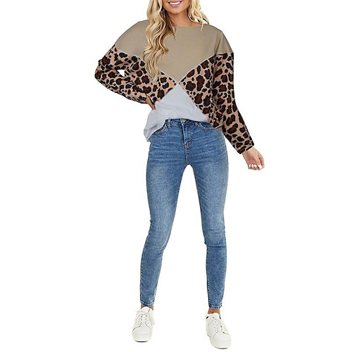 

2022 cross-border eaby amazon wish new women's leopard print stitching round neck long sleeve casual loose top