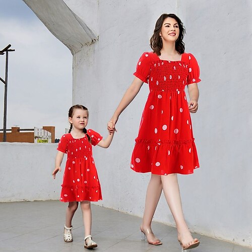 

Mommy and Me Dresses Polka Dot Daily White Red Short Sleeve Above Knee Daily Matching Outfits