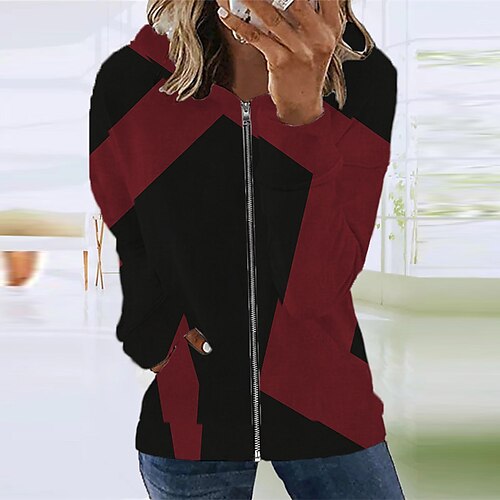 

Women's Casual Jacket Warm Breathable Outdoor Street Going out Casual Daily Zipper Pocket Print Zipper Hoodie Preppy Style Color Block Regular Fit Outerwear Long Sleeve Winter Fall Wine S M L XL XXL