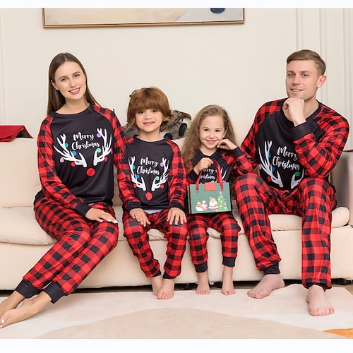 

Family Look Christmas Pajamas Plaid Deer Home Black Long Sleeve Daily Matching Outfits