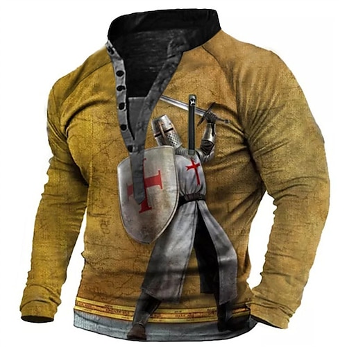 

Men's Unisex Sweatshirt Pullover Button Up Hoodie Brown Standing Collar Knights Templar Graphic Prints Human Print Casual Daily Sports 3D Print Streetwear Casual Big and Tall Spring & Fall Clothing