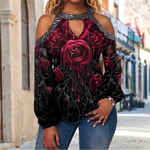 

Women's T shirt Tee Red Floral Cut Out Print Long Sleeve Holiday Weekend Basic Round Neck Regular Floral Painting Lantern Sleeve S / 3D Print