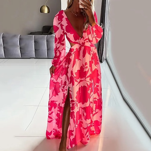 

Women's A Line Dress Swing Dress Maxi long Dress Blue Fuchsia Long Sleeve Floral Backless Split Hollow To Waist Fall Winter V Neck Vacation Elegant 2022 S M L XL XXL 3XL