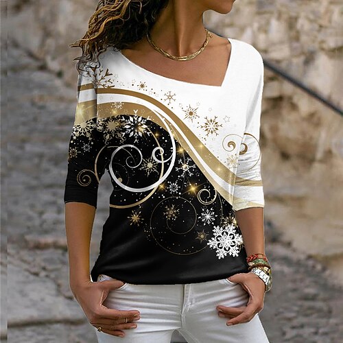 

Women's T shirt Tee Black Snowflake Print Long Sleeve Casual Weekend Basic V Neck Regular Painting S / 3D Print