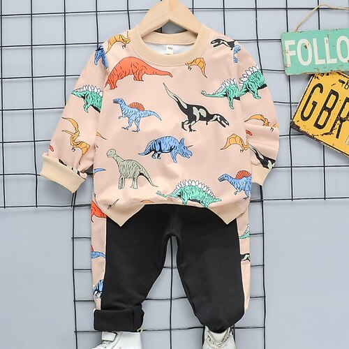 

2 Pieces Kids Boys Hoodie & Pants Clothing Set Outfit Dinosaur Long Sleeve Cotton Set Street Daily Casual Winter Fall 2-6 Years Navy Blue Beige Grey