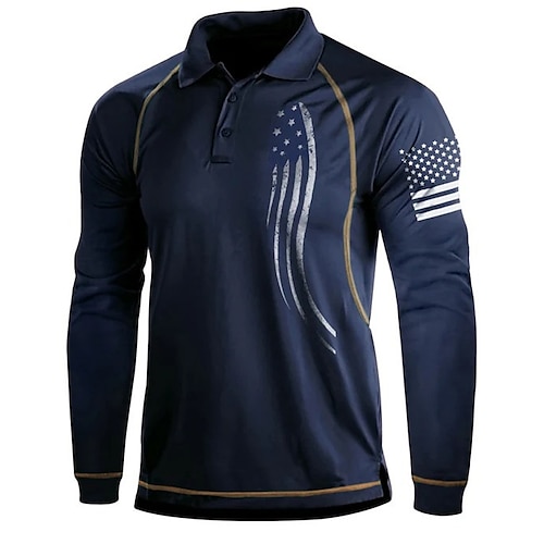 

Men's Collar Polo Shirt Golf Shirt National Flag Turndown Navy Blue 3D Print Outdoor Street Long Sleeve Button-Down Print Clothing Apparel Fashion Designer Casual Breathable