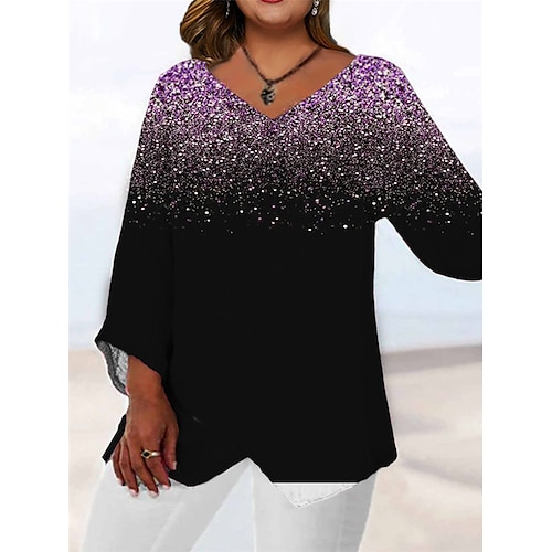 

Women's Shirt Blouse Pink Blue Purple Color Gradient Print Long Sleeve Daily Going out Casual V Neck Regular Plus Size L