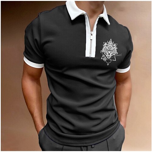 

Men's Collar Polo Shirt Golf Shirt Quarter Zip Polo Graphic Tiger Turndown Wine Black / White Blue Navy Blue Gray Outdoor Casual Short Sleeve Zipper Color Block Clothing Apparel Casual Slim Fit