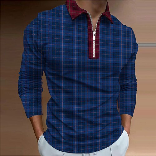 

Men's Collar Polo Shirt Golf Shirt Plaid Turndown Blue Red 3D Print Outdoor Street Long Sleeve Zipper Print Clothing Apparel Fashion Designer Casual Breathable