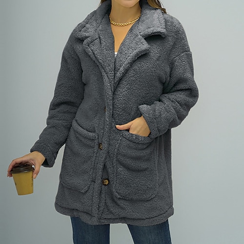 

Women's Teddy Coat Warm Breathable Outdoor Going out Casual Daily Pocket Single Breasted Turndown Active Casual Comfortable Solid Color Regular Fit Outerwear Long Sleeve Winter Fall Camel Brown Beige