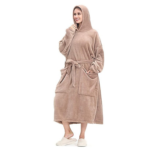 

Women's Couple's Pajamas Winter Nightgown Wearable Blanket Winter Hoodie Blanket Pure Color Comfort Oversized Plush Home Bed Fleece Warm Hoodie Long Sleeve Pocket Fall Black Khaki / Flannel / Pjs