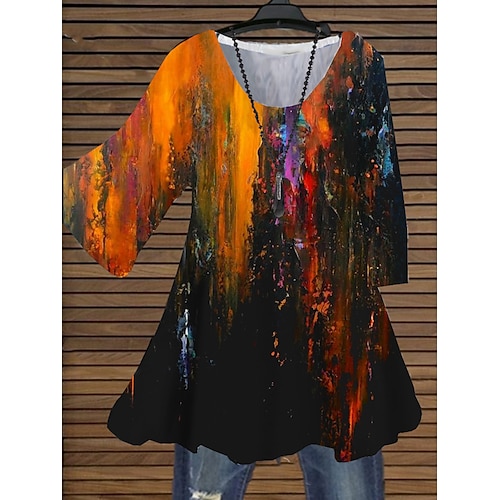 

Women's Plus Size Tops Blouse Shirt Color Gradient Print 3/4 Length Sleeve Crewneck Casual Daily Holiday Cotton Spandex Jersey Fall Winter Orange