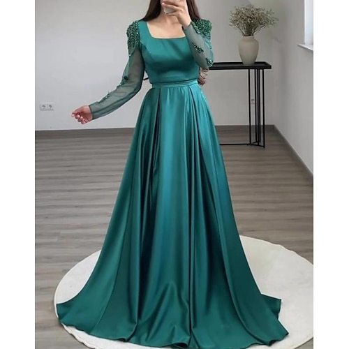 

Ball Gown Evening Gown Luxurious Dress Formal Court Train Long Sleeve Square Neck Charmeuse with Slit Pure Color 2022