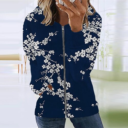 

Women's Casual Jacket Warm Breathable Outdoor Street Going out Casual Daily Zipper Pocket Print Zipper Hoodie Preppy Style Flower Regular Fit Outerwear Long Sleeve Winter Fall Dark Blue S M L XL XXL