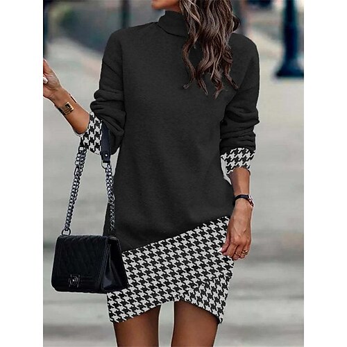 

Women's Sheath Dress Short Mini Dress Short Mini Dress Beige Gray White Black Long Sleeve Leopard Geometric Print Fall Winter Turtleneck Vacation Casual 2022 S M L XL