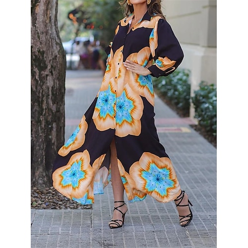 

Women's Casual Dress Shirt Dress Maxi long Dress Black Long Sleeve Floral Print Fall Winter Shirt Collar Stylish Modern Puff Sleeve 2022 S M L XL