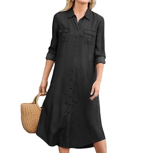 

Camisa feminina vestido de mudança vestido midi vestido azul escuro manga longa cor pura bolso outono inverno camisa gola casual 2022 5xl