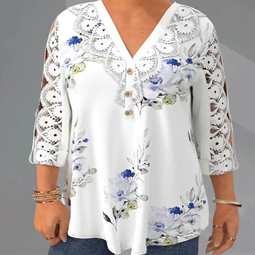 

Women's Plus Size Curve Tops Blouse Shirt Floral Lace Button 3/4 Length Sleeve V Neck Streetwear Daily Going out Polyester Fall Spring White Pink / Print