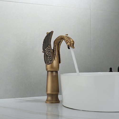

Waterfall Bathroom Sink Faucet,Brass Swan Shape Copper Electroplated Finish Vintage Style Single Handle One Hole Bath Taps