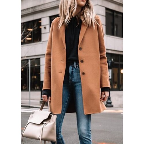 

Women's Winter Coat Breathable Daily Wear Slim Fit Single Breasted Turndown Casual Solid Color Regular Fit Outerwear Long Sleeve Winter Fall Khaki M L XL XXL 3XL