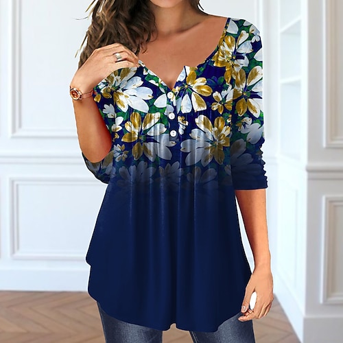 

Women's T shirt Tee Blue Floral Button Flowing tunic Long Sleeve Casual Weekend Basic Round Neck Long Floral Painting S / Print