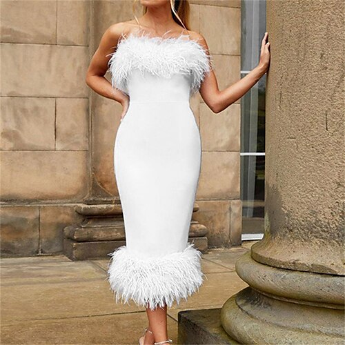 

Women's Party Dress Feather Dress Sheath Dress Midi Dress Black Pink White Sleeveless Pure Color Backless Winter Fall Autumn Off Shoulder Party Evening Party Wedding Guest Slim 2022 S M L