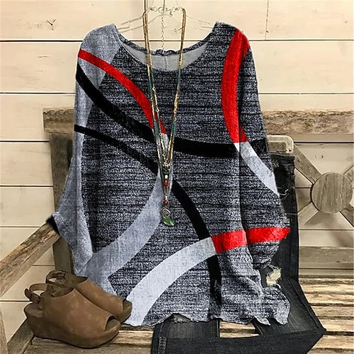 

Women's Plus Size Tops Blouse Shirt Color Block Geometry Print Long Sleeve Crewneck Casual Daily Vacation Polyester Fall Winter Gray